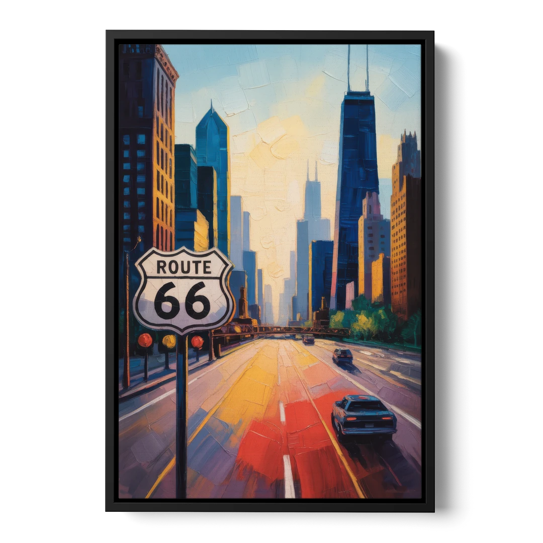 Chicago Route 66 Begins Here - Black Framed Canvas Wall Art - Front