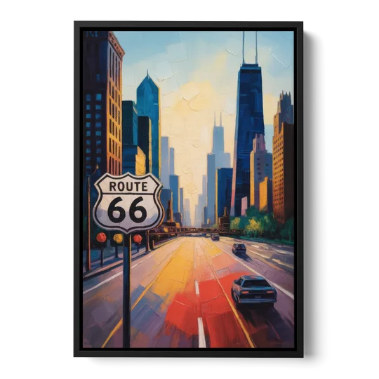 Chicago Route 66 Begins Here - Black Framed Canvas Wall Art - Front