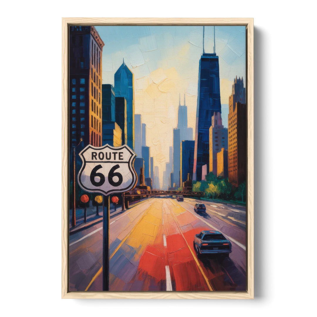 Chicago Route 66 Begins Here - Oak Framed Canvas Wall Art - Front
