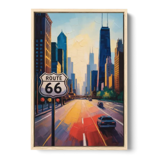 Chicago Route 66 Begins Here - Oak Framed Canvas Wall Art - Front