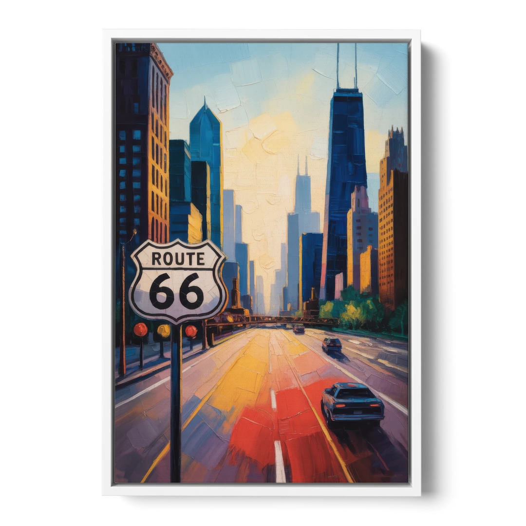 Chicago Route 66 Begins Here - White Framed Canvas Wall Art - Front