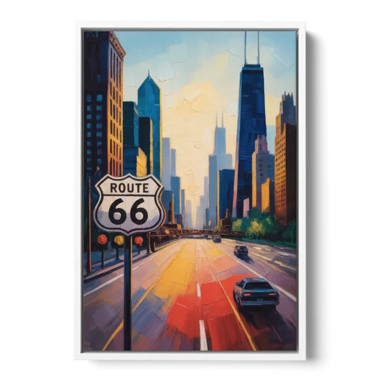 Chicago Route 66 Begins Here - White Framed Canvas Wall Art - Front