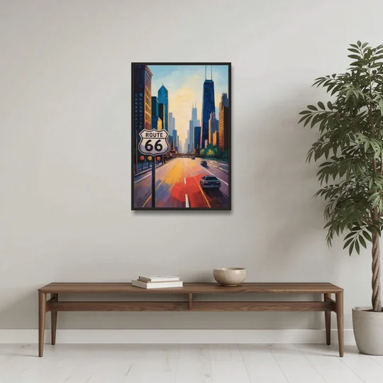 Chicago Route 66 Begins Here - Black Framed Canvas Wall Art - Coffee Table - 24x36