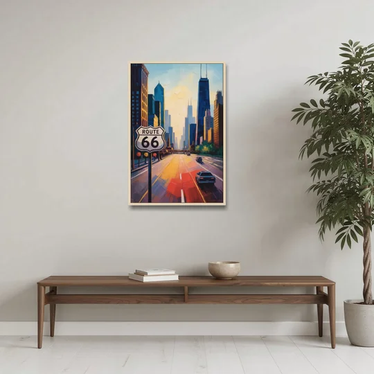 Chicago Route 66 Begins Here - Oak Framed Canvas Wall Art - Coffee Table - 24x36