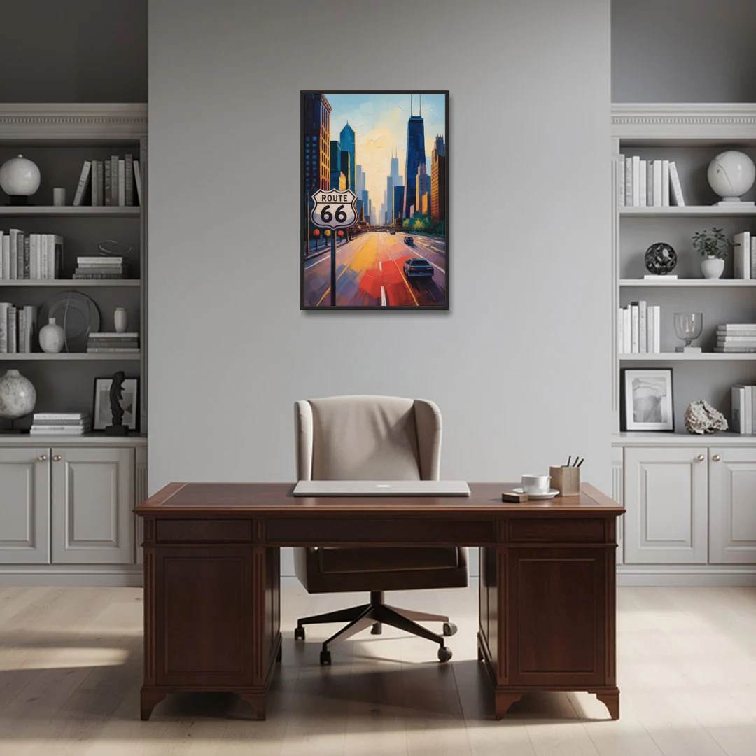 Chicago Route 66 Begins Here - Black Framed Canvas Wall Art - Office - 24x36