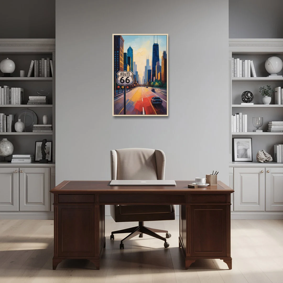 Chicago Route 66 Begins Here - Oak Framed Canvas Wall Art - Office - 24x36