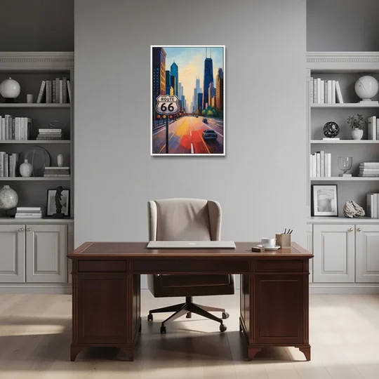 Chicago Route 66 Begins Here - White Framed Canvas Wall Art - Office - 24x36