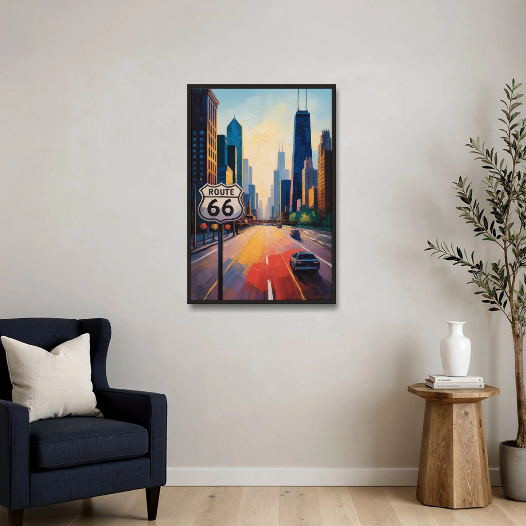 Chicago Route 66 Begins Here - Black Framed Canvas Wall Art - Sofa - 24x36