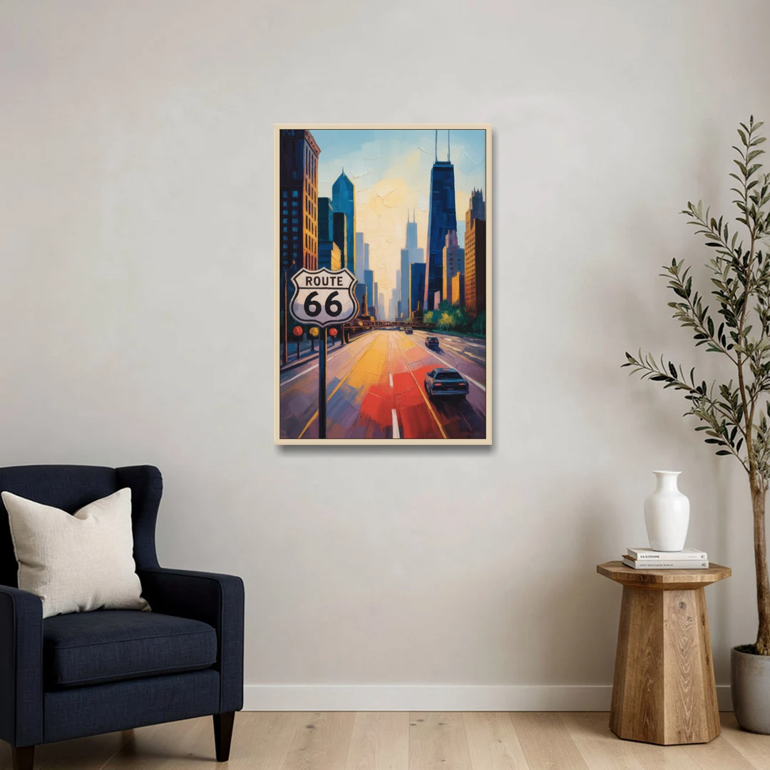 Chicago Route 66 Begins Here - Oak Framed Canvas Wall Art - Sofa - 24x36