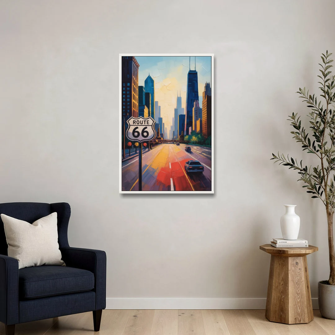 Chicago Route 66 Begins Here - White Framed Canvas Wall Art - Sofa - 24x36