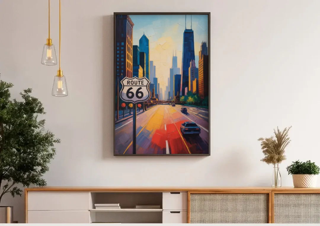 Chicago Route 66 Begins Here canvas wall art above a wooden sideboard under pendant lights
