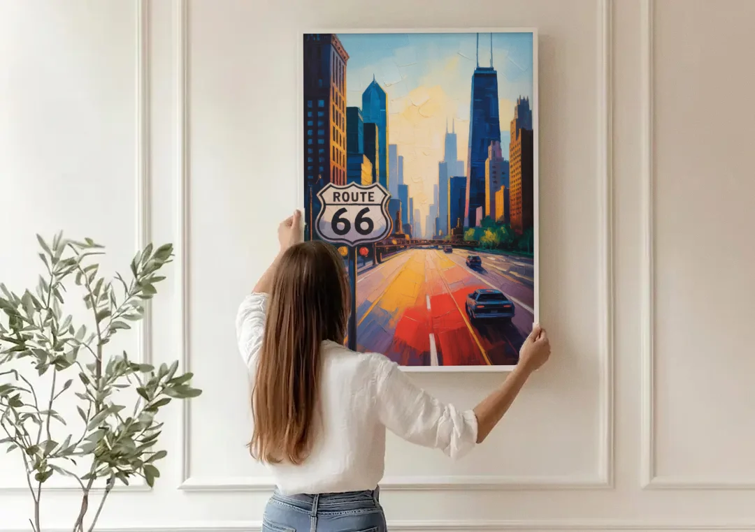 Chicago Route 66 Begins Here canvas wall art being hung on a paneled wall