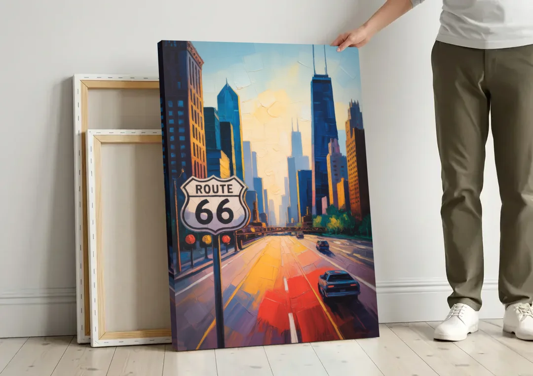Chicago Route 66 Begins Here canvas wall art leaning against a wall next to blank canvases