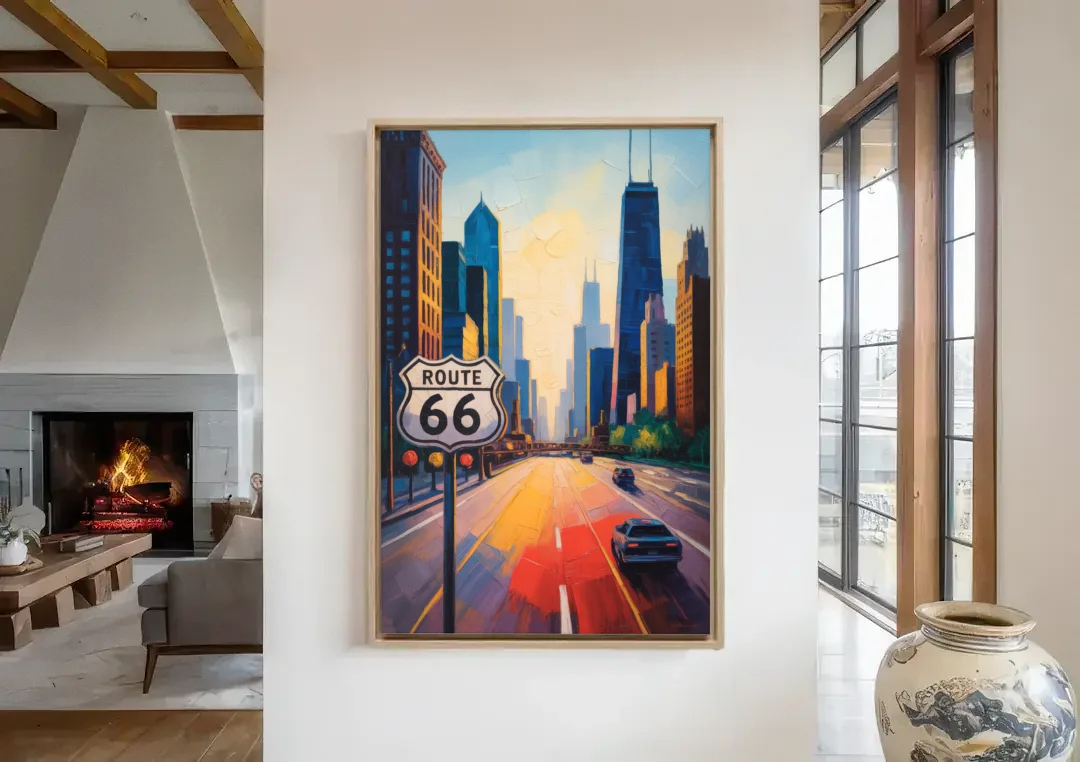 Chicago Route 66 Begins Here canvas wall art in a living room with a fireplace