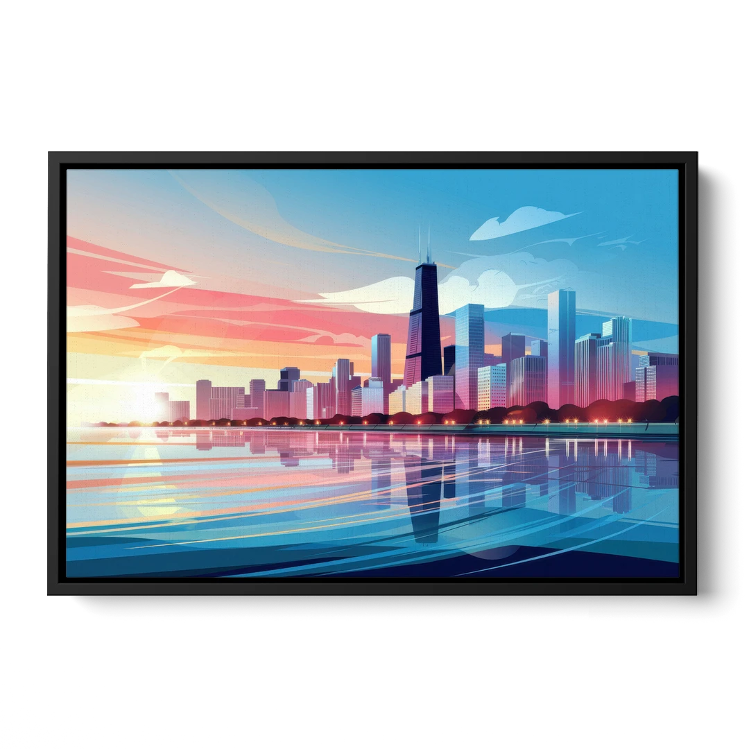 Chicago Skyline At Sunset - Black Framed Canvas Wall Art - Front
