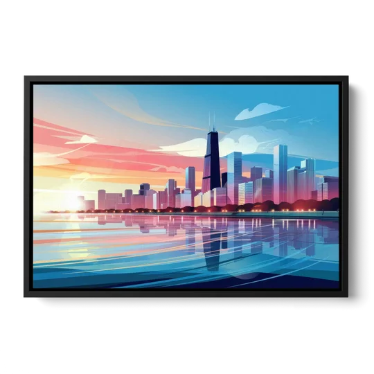 Chicago Skyline At Sunset - Black Framed Canvas Wall Art - Front