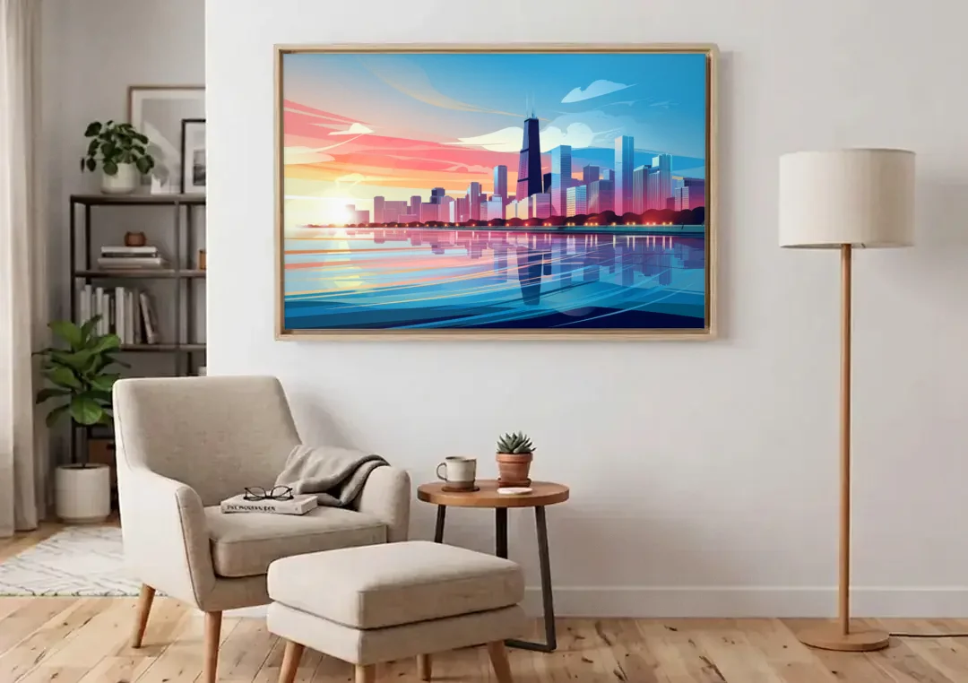 Chicago Skyline At Sunset canvas wall art above an armchair in a bright living room