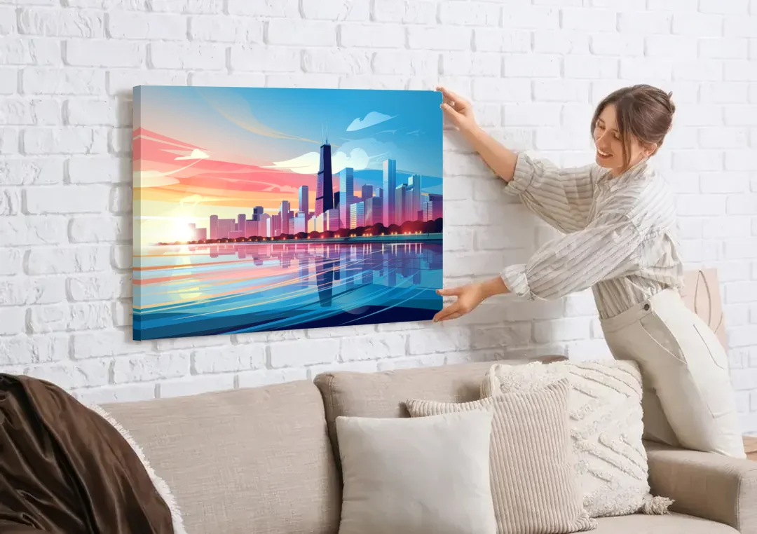 Chicago Skyline At Sunset canvas wall art being hung on a white brick wall above a sofa