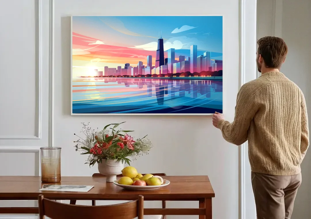 Chicago Skyline At Sunset canvas wall art above a dining table