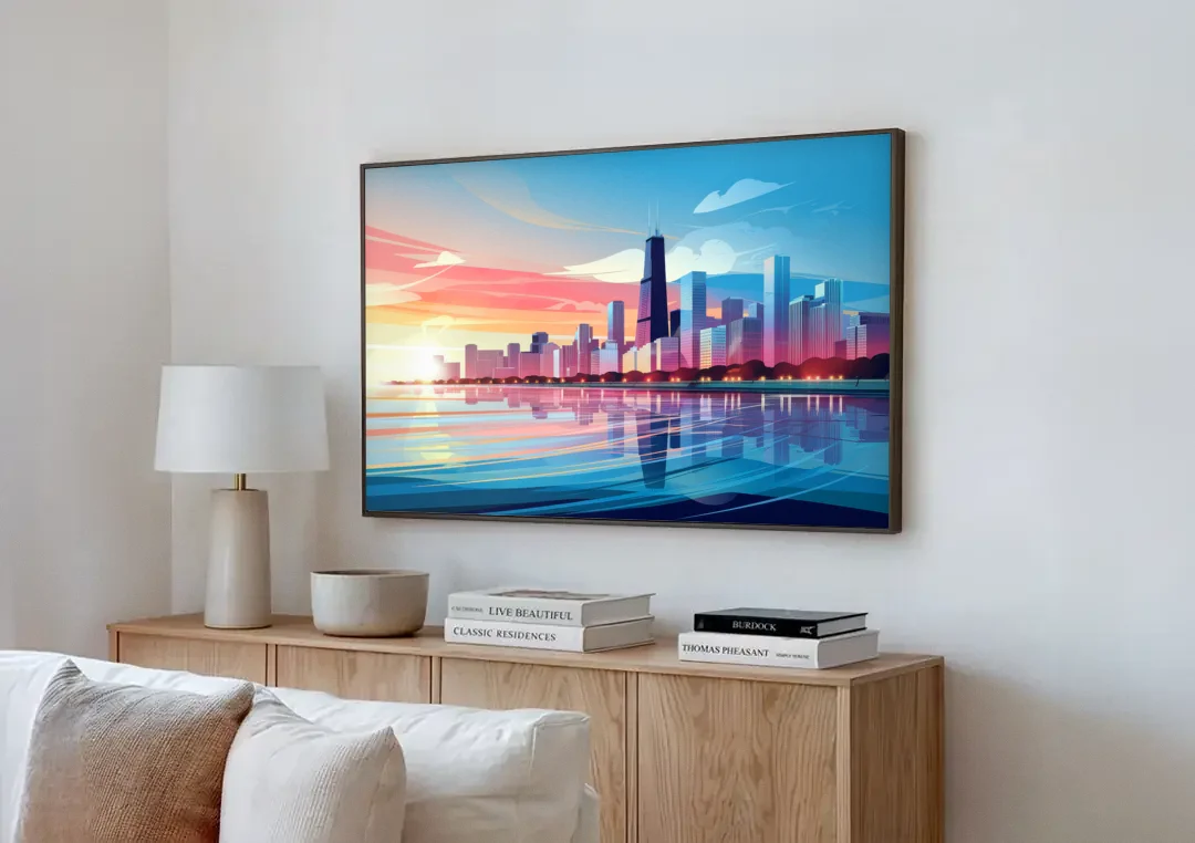 Chicago Skyline At Sunset canvas wall art above a wooden sideboard next to a sofa