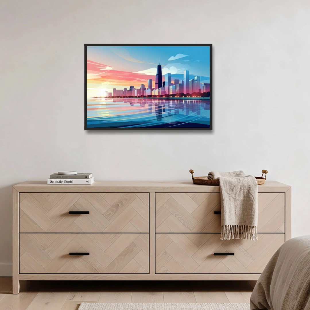 Chicago Skyline At Sunset - Black Framed Canvas Wall Art - Coffee Table - 36x24
