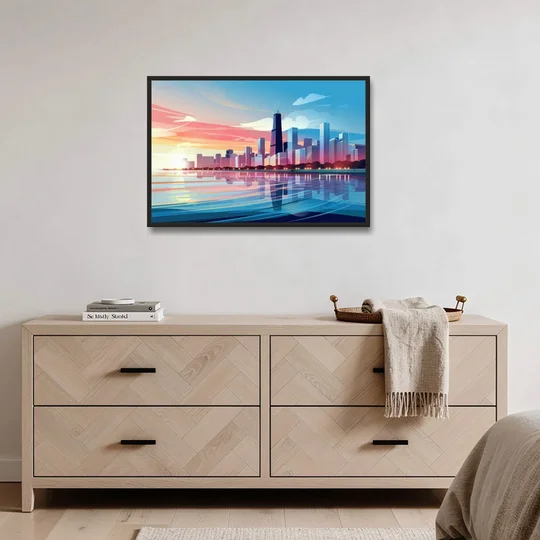 Chicago Skyline At Sunset - Black Framed Canvas Wall Art - Coffee Table - 36x24