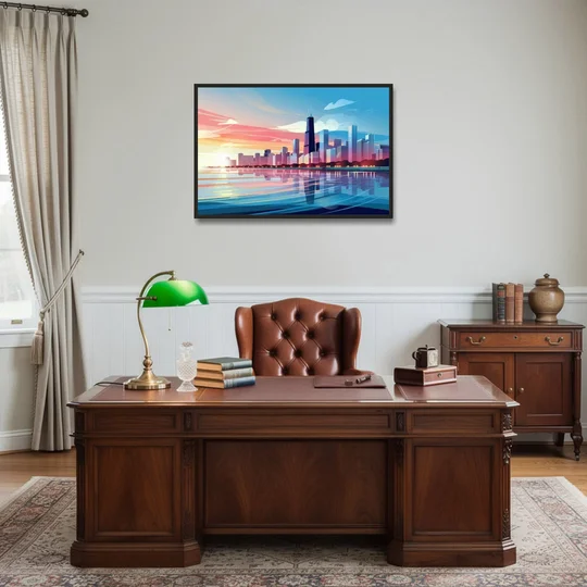 Chicago Skyline At Sunset - Black Framed Canvas Wall Art - Office - 36x24