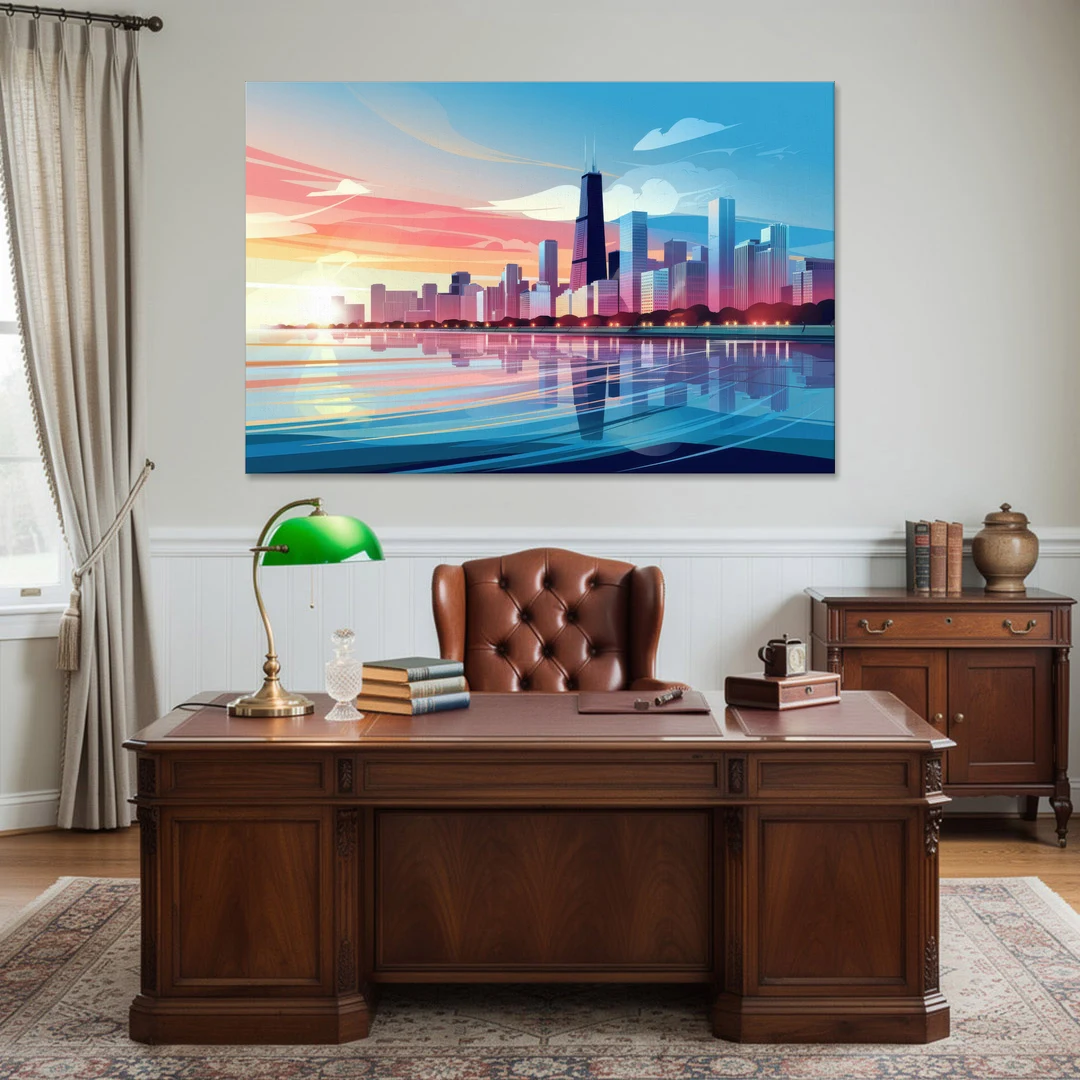 Chicago Skyline At Sunset - Canvas Wall Art - Office - 60x40