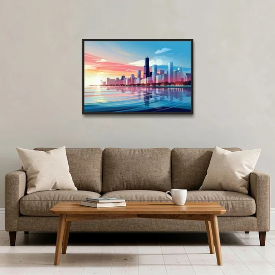 Chicago Skyline At Sunset - Black Framed Canvas Wall Art - Sofa - 36x24