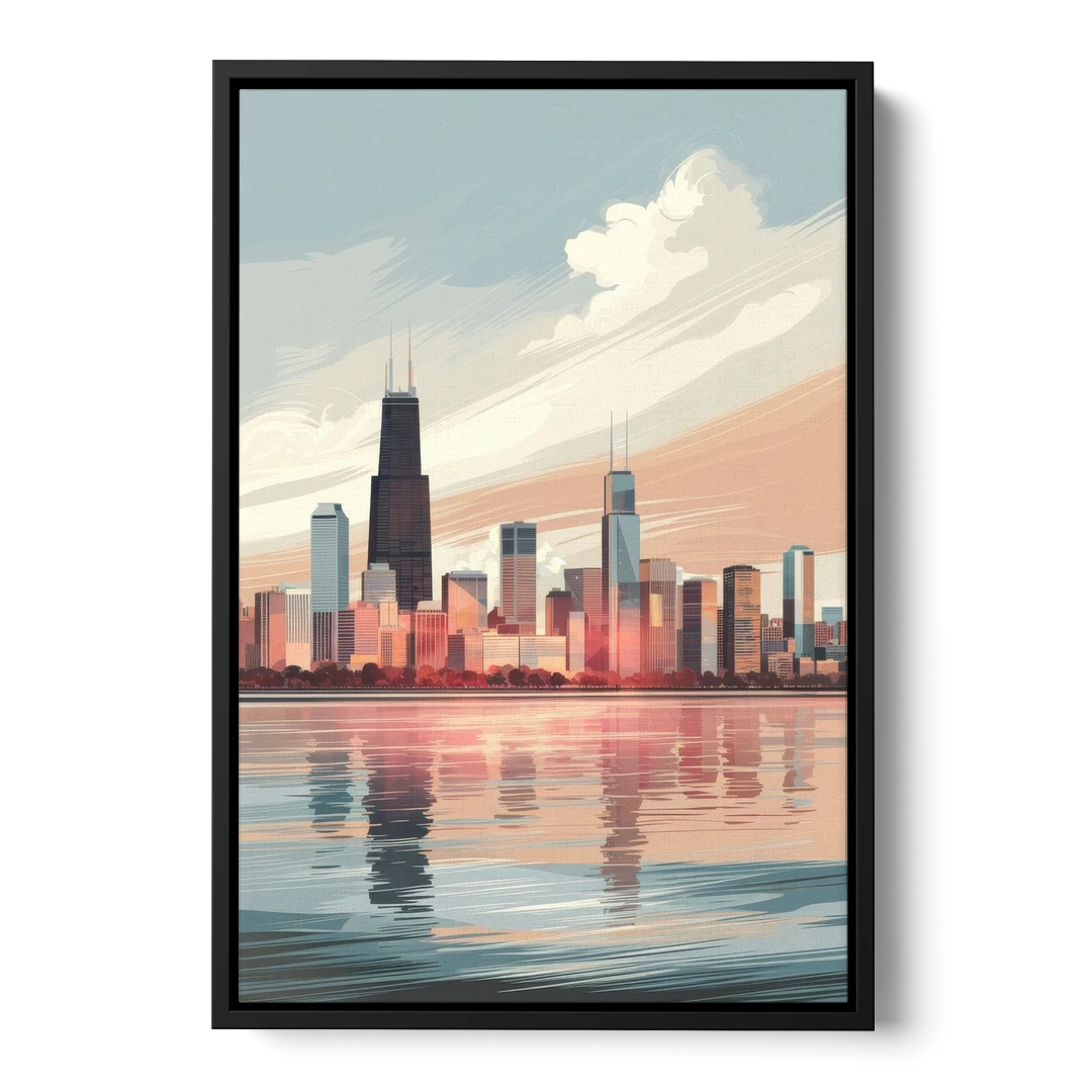Chicago Skyline from Lake Michigan - Black Framed Canvas Wall Art - Front