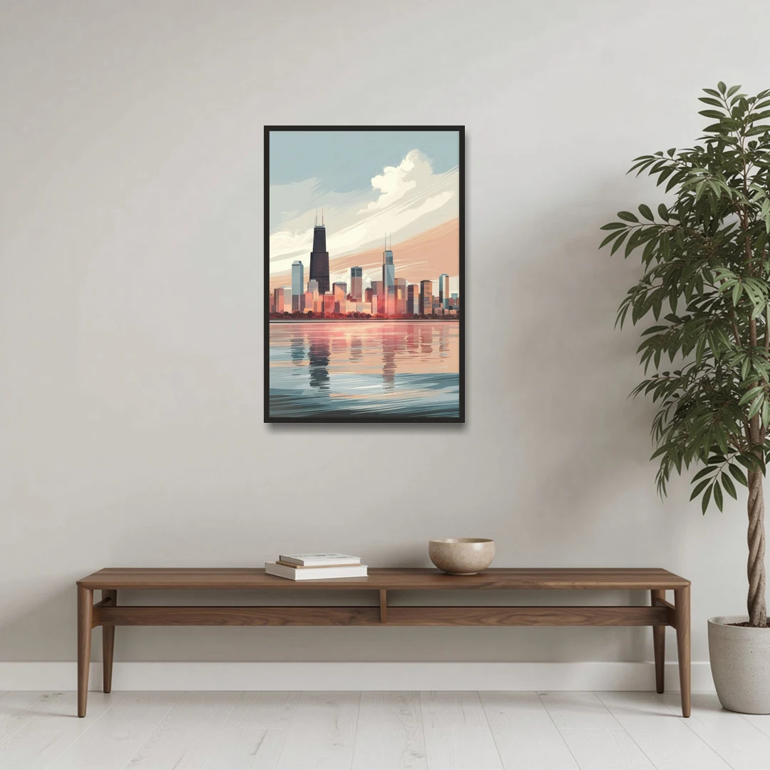 Chicago Skyline from Lake Michigan - Black Framed Canvas Wall Art - Coffee Table - 24x36