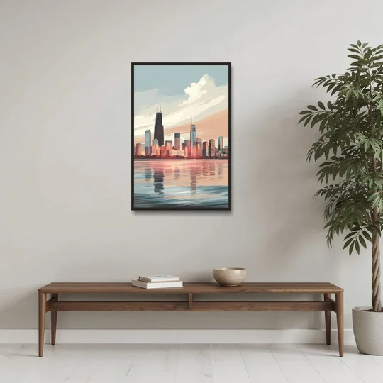 Chicago Skyline from Lake Michigan - Black Framed Canvas Wall Art - Coffee Table - 24x36