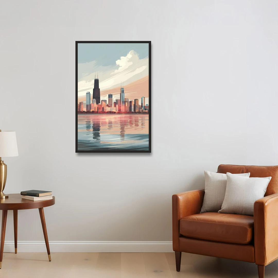 Chicago Skyline from Lake Michigan - Black Framed Canvas Wall Art - Sofa - 24x36