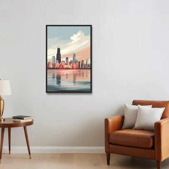 Chicago Skyline from Lake Michigan - Black Framed Canvas Wall Art - Sofa - 24x36