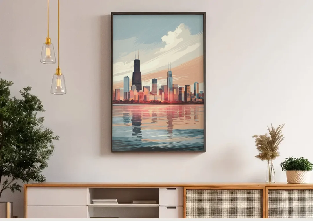 Chicago Skyline from Lake Michigan canvas wall art above a wooden sideboard under pendant lights