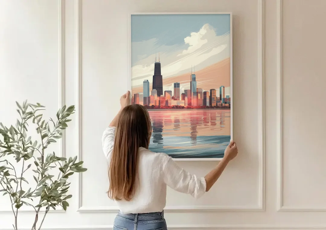Chicago Skyline from Lake Michigan canvas wall art being hung on a paneled wall