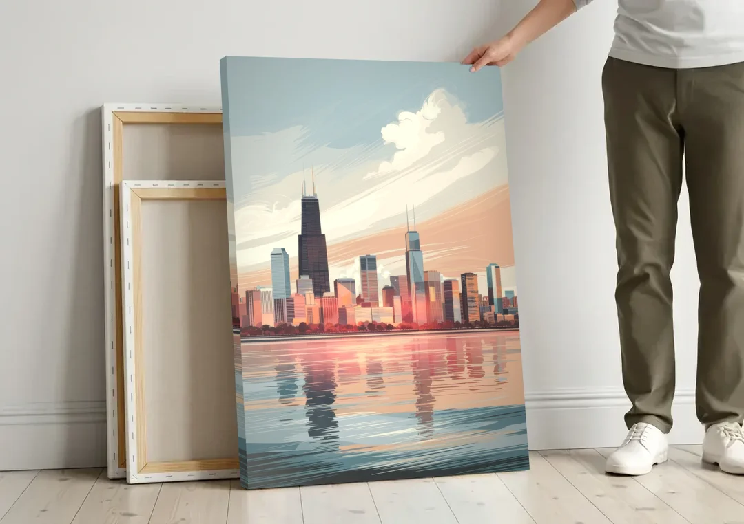 Chicago Skyline from Lake Michigan canvas wall art leaning against a wall next to blank canvases