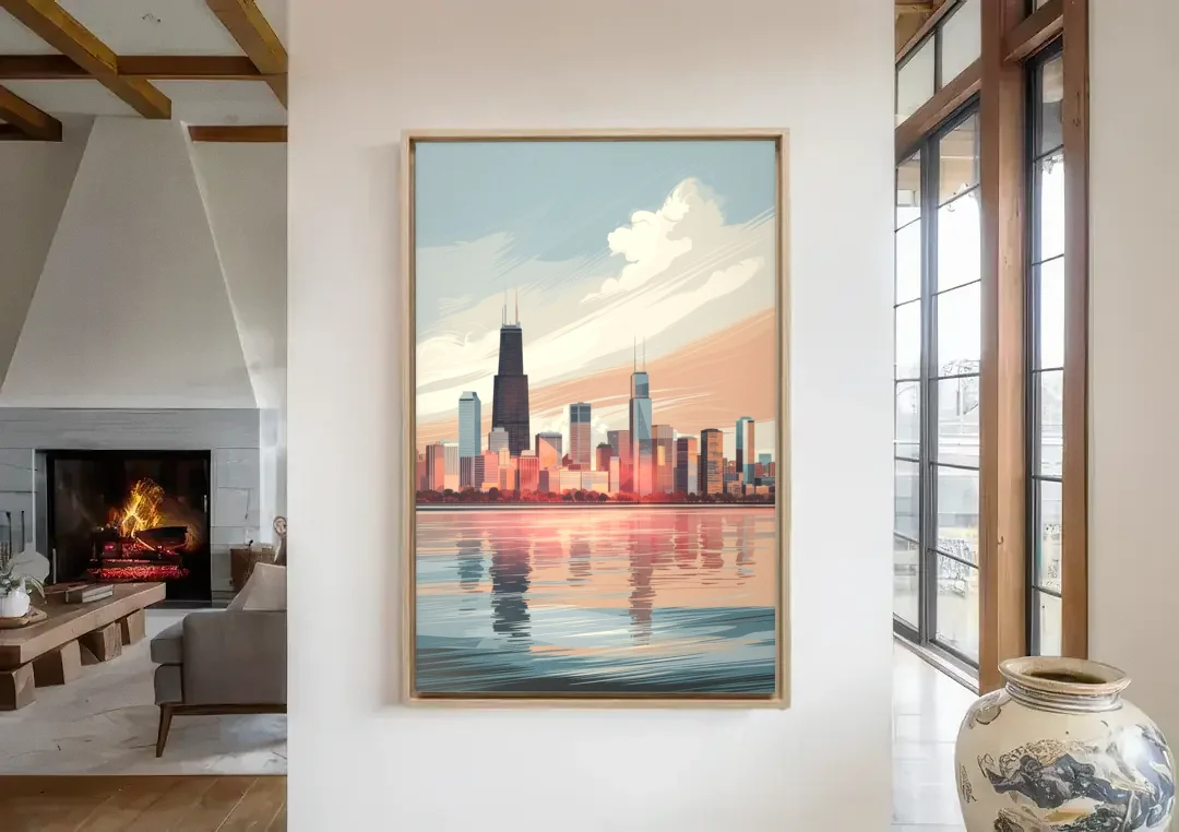 Chicago Skyline from Lake Michigan canvas wall art in a living room with a fireplace