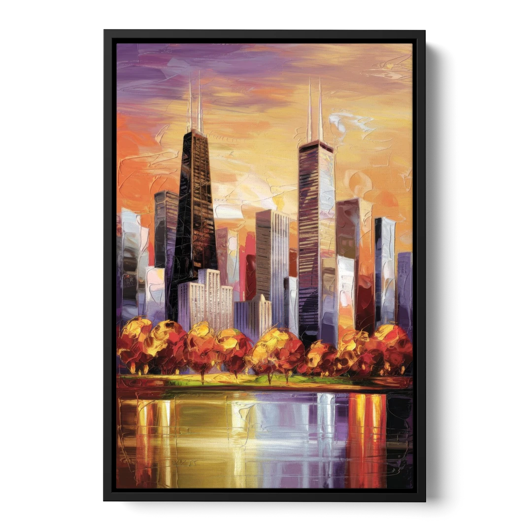 Chicago Skyline in Autumn - Black Framed Canvas Wall Art - Front
