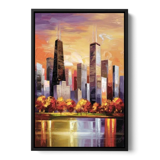 Chicago Skyline in Autumn - Black Framed Canvas Wall Art - Front