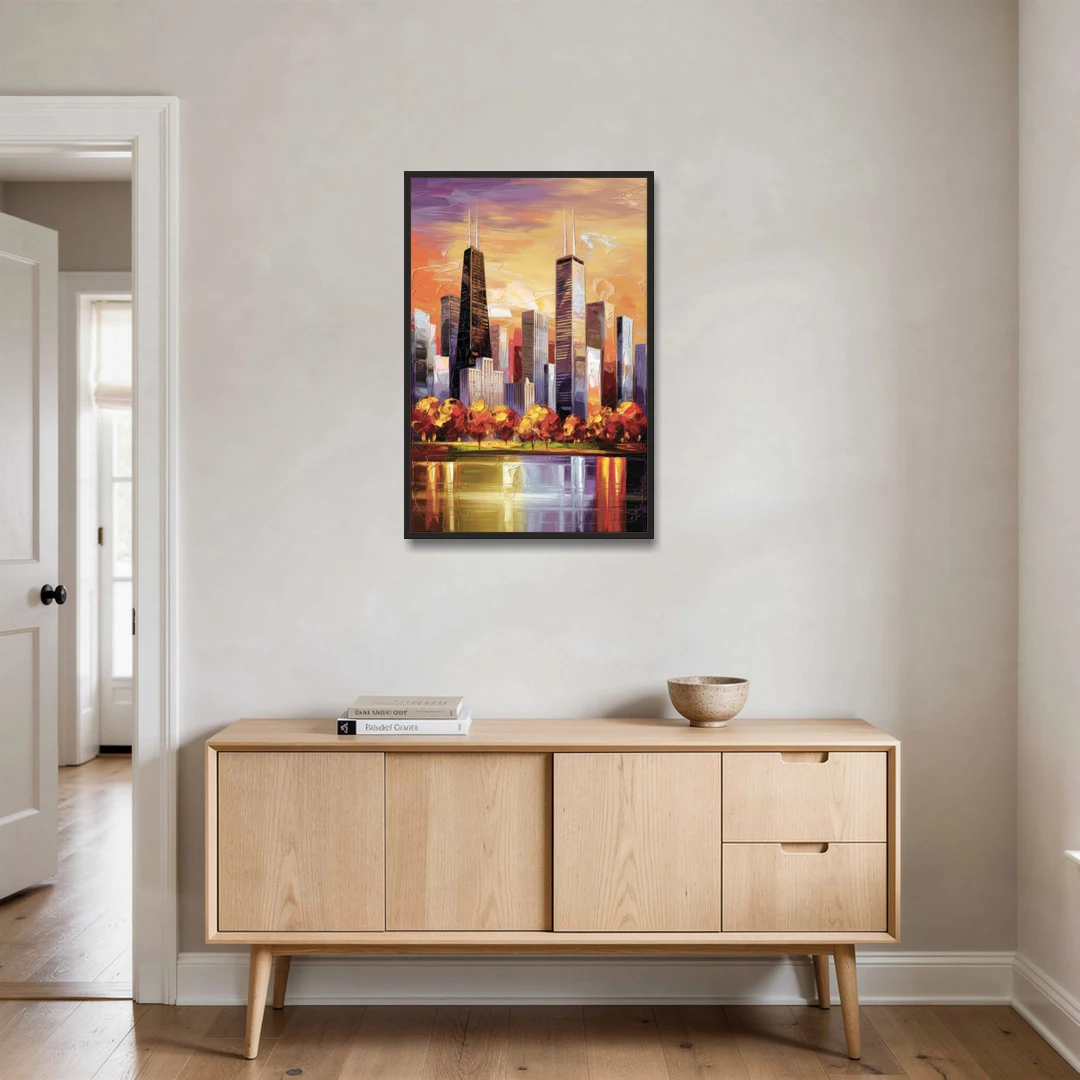 Chicago Skyline in Autumn - Black Framed Canvas Wall Art - Coffee Table - 24x36