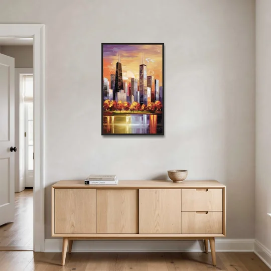 Chicago Skyline in Autumn - Black Framed Canvas Wall Art - Coffee Table - 24x36