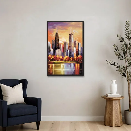 Chicago Skyline in Autumn - Black Framed Canvas Wall Art - Sofa - 24x36