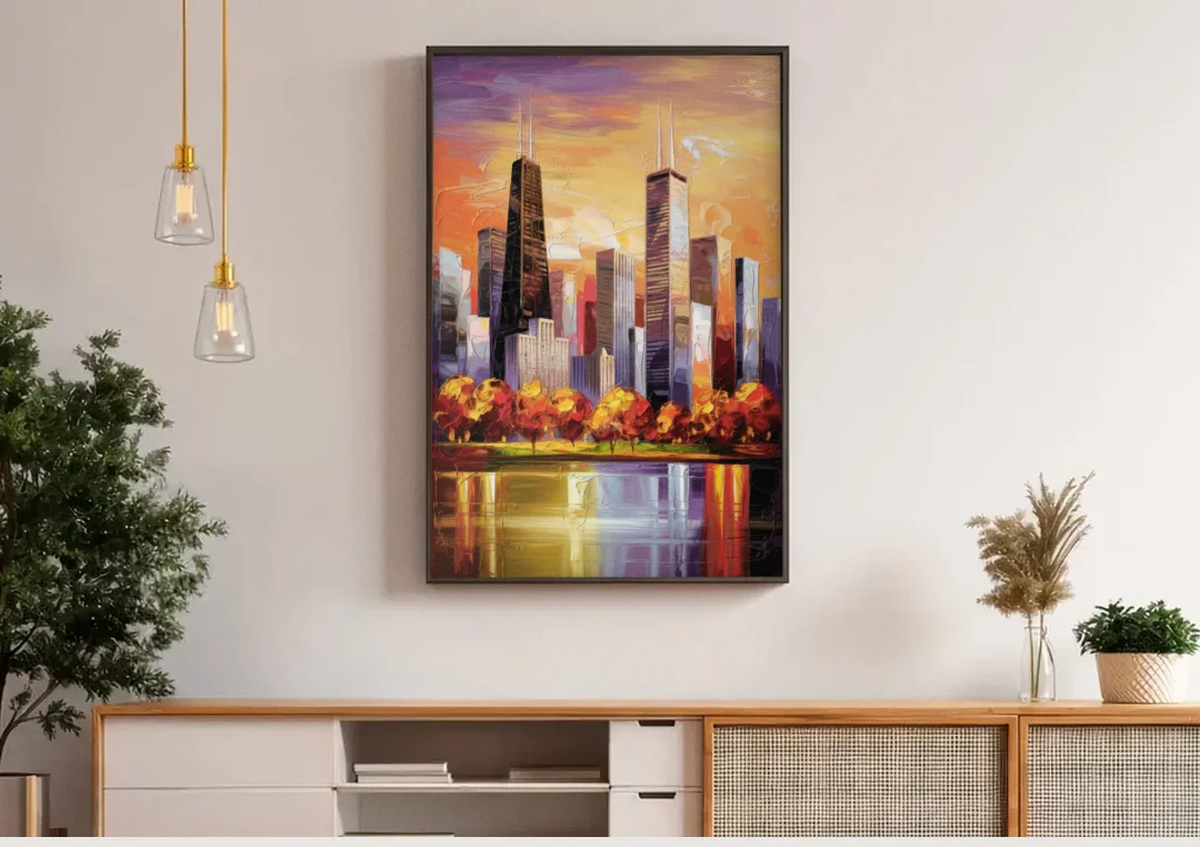 Chicago Skyline in Autumn canvas wall art above a wooden sideboard under pendant lights