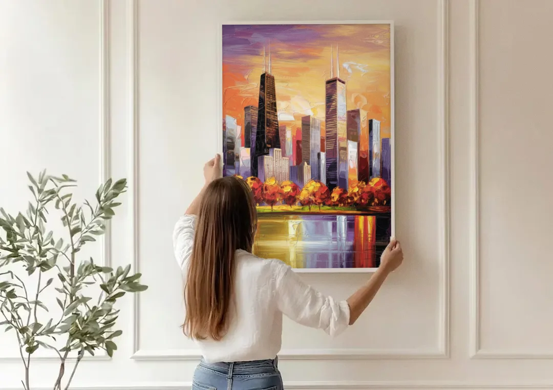 Chicago Skyline in Autumn canvas wall art being hung on a paneled wall