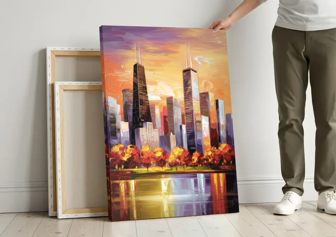 Chicago Skyline in Autumn canvas wall art leaning against a wall next to blank canvases