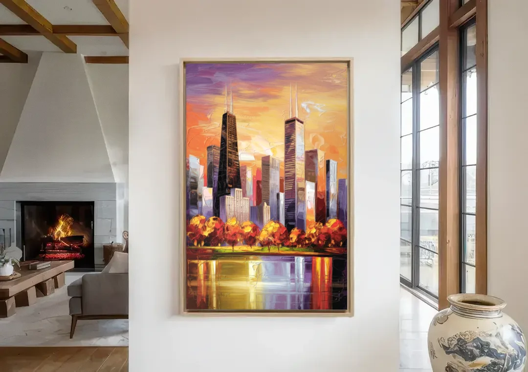 Chicago Skyline in Autumn canvas wall art in a living room with a fireplace