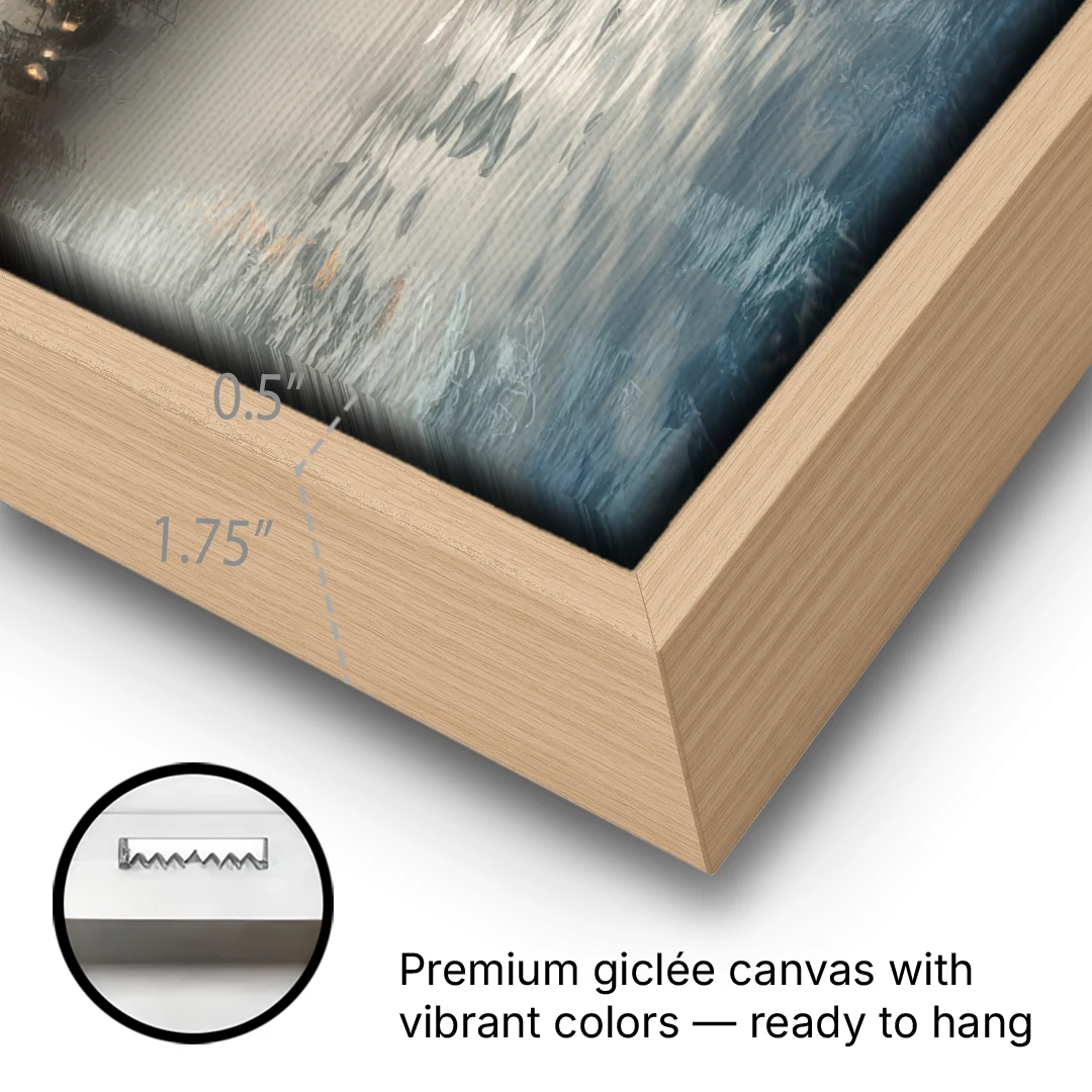 Chicago Skyline in Fog - Oak Framed Canvas Wall Art - Gallery Wrap Corner