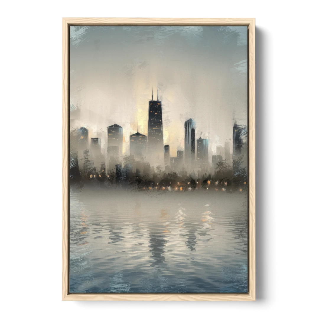 Chicago Skyline in Fog - Oak Framed Canvas Wall Art - Front