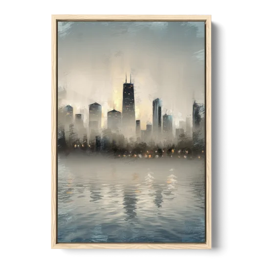 Chicago Skyline in Fog - Oak Framed Canvas Wall Art - Front